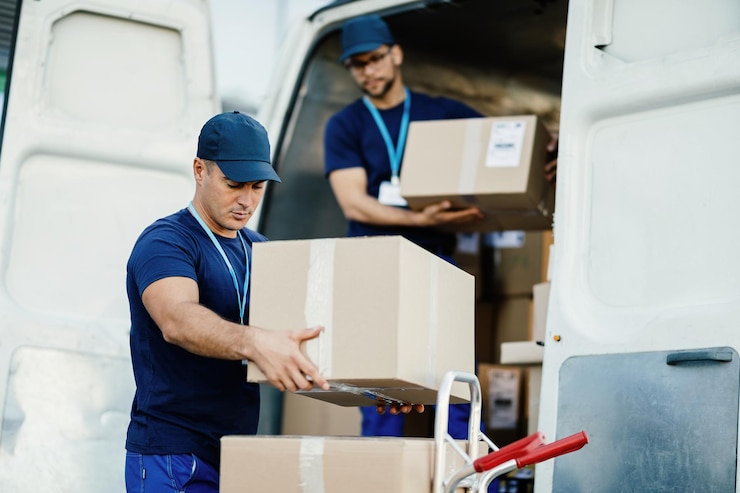 Foto gratuito joven mensajero y su colega descargando cajas de cartón de la furgoneta de reparto