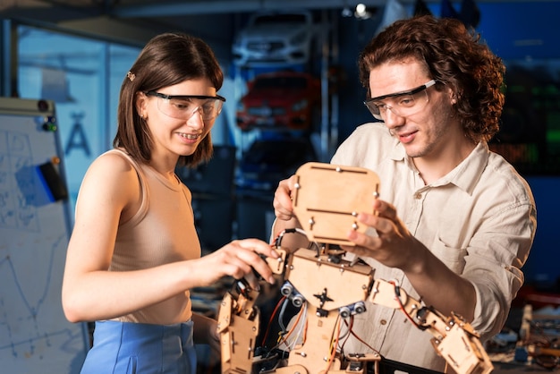 Joven y mujer con gafas protectoras haciendo experimentos de robótica en un laboratorio Robot de madera