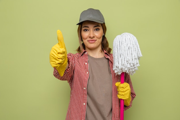 Foto gratuita joven mujer de limpieza en camisa a cuadros y gorra con guantes de goma sosteniendo un trapeador mirando a la cámara sonriendo alegremente mostrando los pulgares para arriba sobre fondo verde