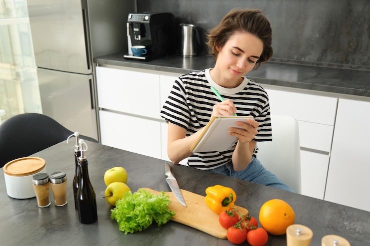Foto gratuito joven mujer morena escribiendo recetas haciendo notas en un cuaderno mientras cocina una ensalada pensando en