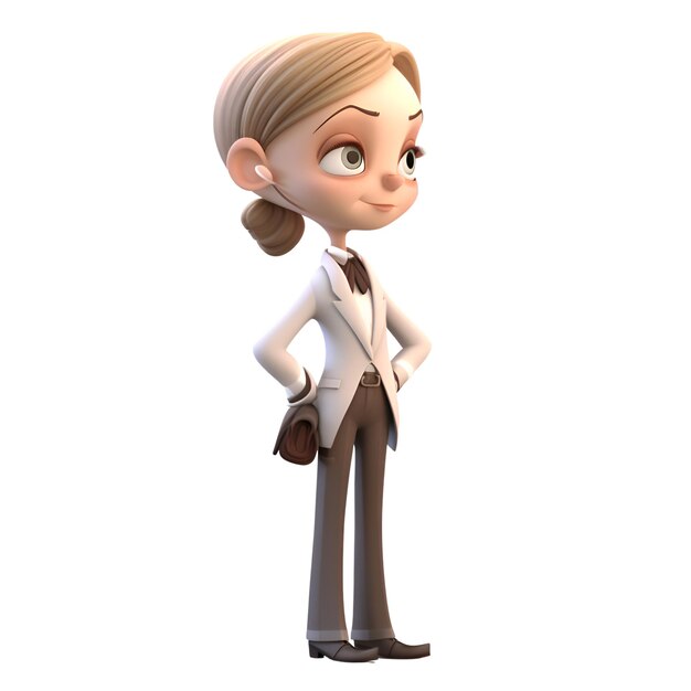 Joven mujer de negocios aislada en fondo blanco representación 3D personaje de dibujos animados