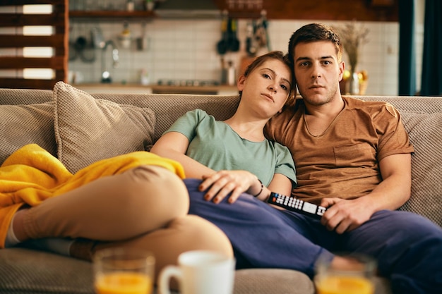 Joven pareja abrazada viendo la televisión mientras se relaja en el sofá