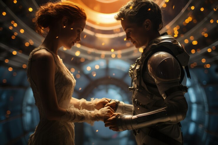 Foto gratuito una joven pareja se casa en una estación espacial.
