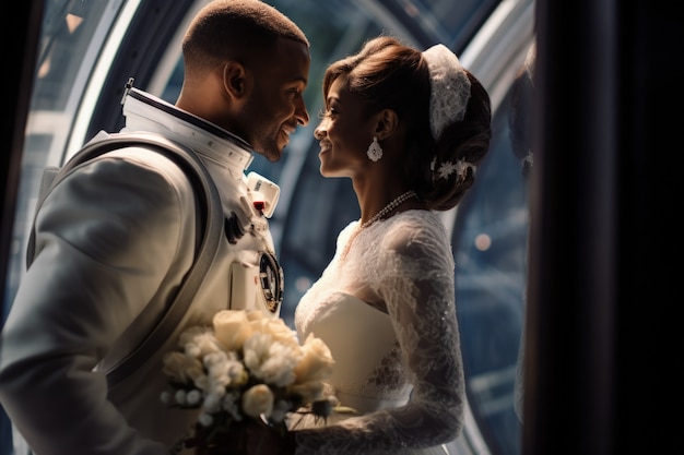 Foto gratuita una joven pareja se casa en una estación espacial.