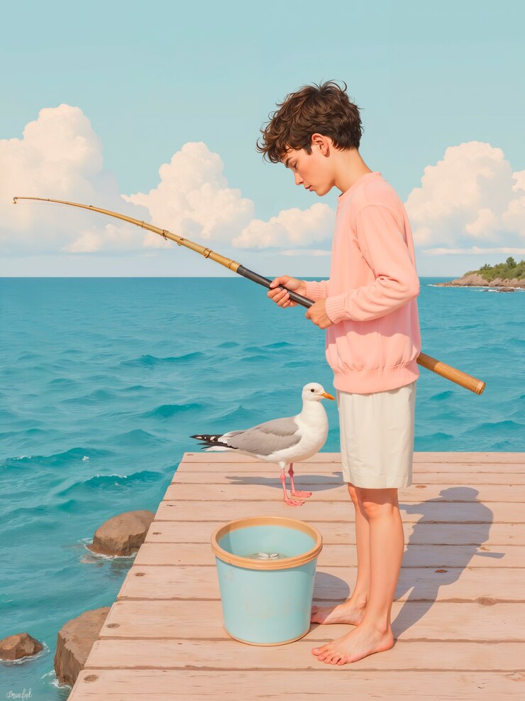 Un joven pescando en un muelle con una gaviota