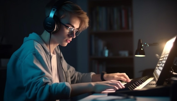 Foto gratuito joven pianista practicando con auriculares en estudio generado por ia