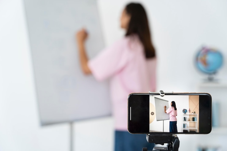 Foto gratuito joven profesora de inglés haciendo sus lecciones online