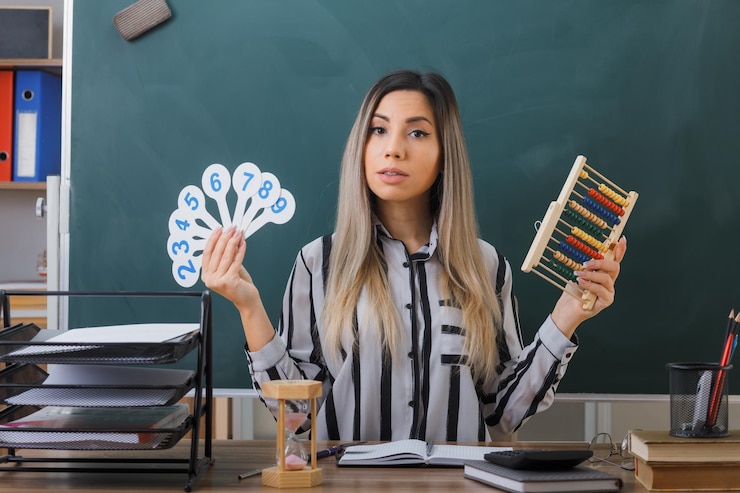Foto gratuito joven profesora sentada en el escritorio de la escuela frente a la pizarra en el aula explicando la lección sosteniendo placas de matrícula y abacus luciendo confiada