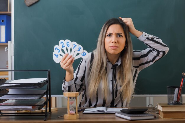 joven profesora sentada en el pupitre de la escuela frente a la pizarra en el aula explicando la lección sosteniendo las placas de matrícula luciendo confundida sosteniendo la mano en su cabeza