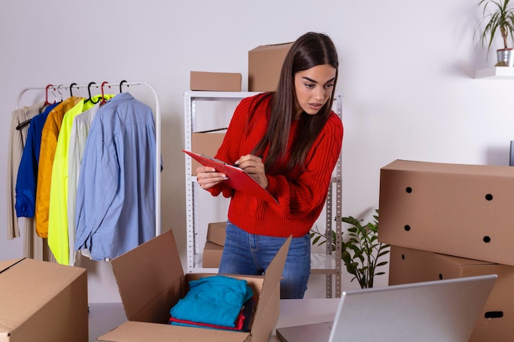 Foto gratuito joven propietaria de una pequeña empresa empacando productos en cajas preparándolos para la entrega mujeres empacando paquetes con sus productos que vende en línea