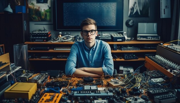 Joven reparador caucásico sentado usando una computadora en interiores generada por IA