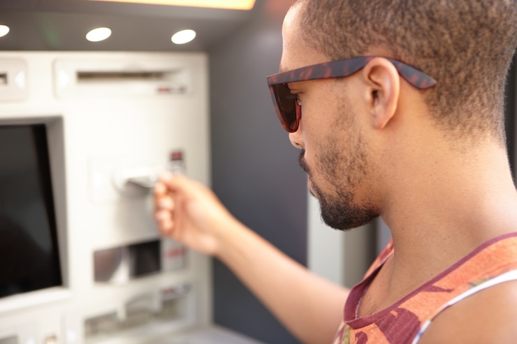 Foto gratuito joven retirando dinero de cajeros automáticos