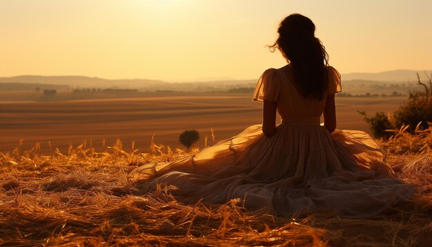 Una joven sentada en un prado disfrutando del atardecer generado por la inteligencia artificial