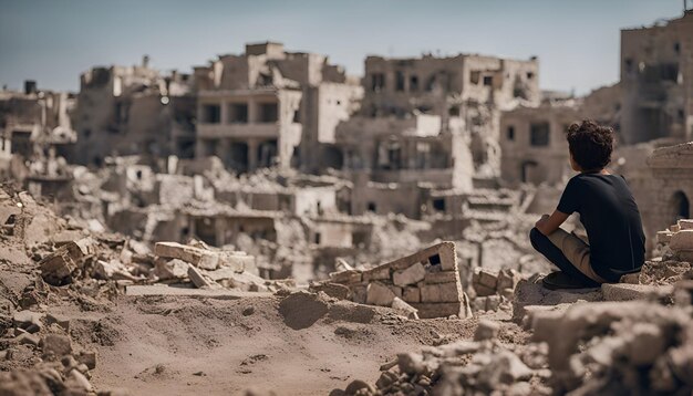 Un joven se sienta frente a las ruinas de una antigua ciudad