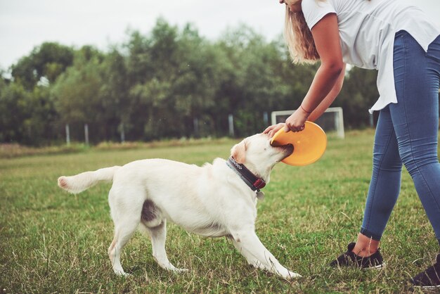 Una joven sonriente con una expresión feliz feliz juega con su amado perro.