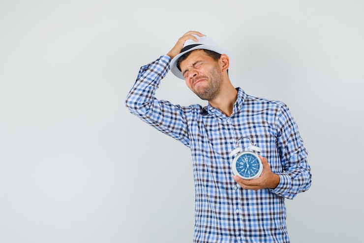 Foto gratuito joven sosteniendo despertador en camisa a cuadros