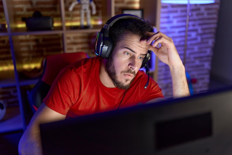 Foto gratuito joven streamer hispano estresado usando la computadora en la sala de juegos