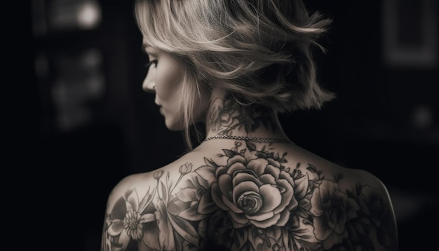 Foto gratuita una joven tatuada elegancia en negro generada por ia