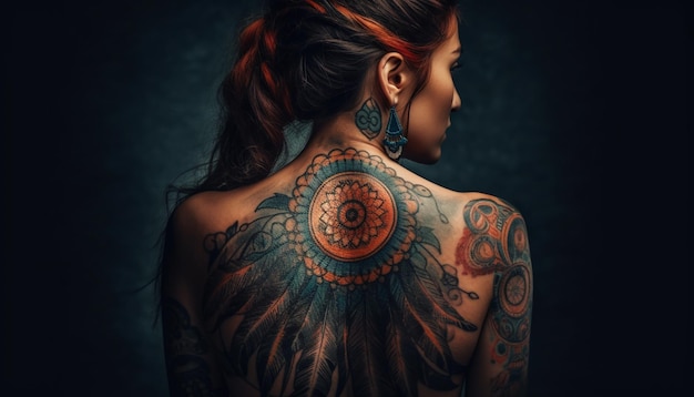Foto gratuita joven tatuada en la espalda derrocha sensualidad y elegancia generada por ia