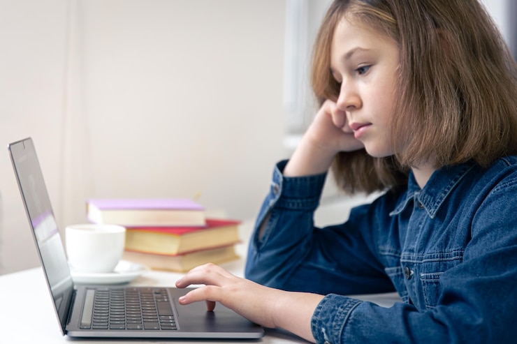 Foto gratuito jovencita sentada frente a un portátil de aprendizaje en línea