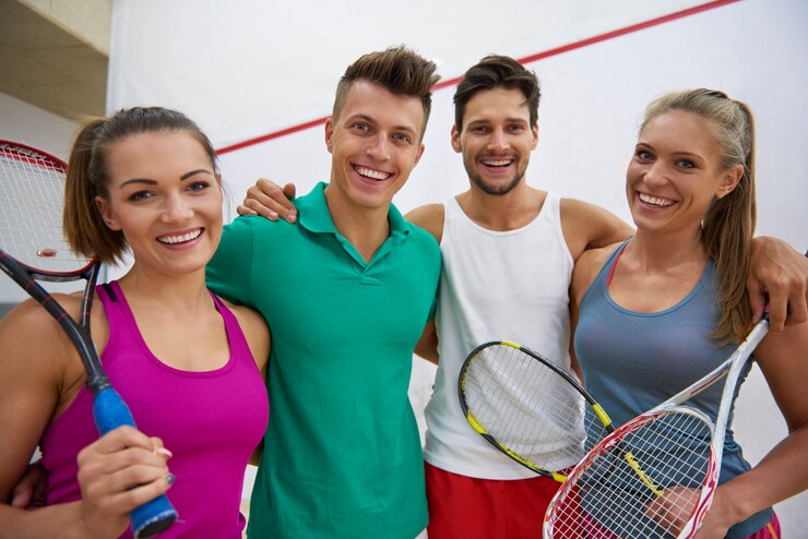 Foto gratuito jóvenes activos jugando al squash