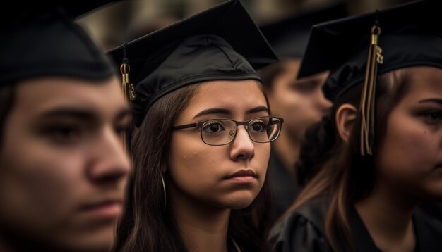 Jóvenes adultos celebran el éxito con diplomas al aire libre generados por IA