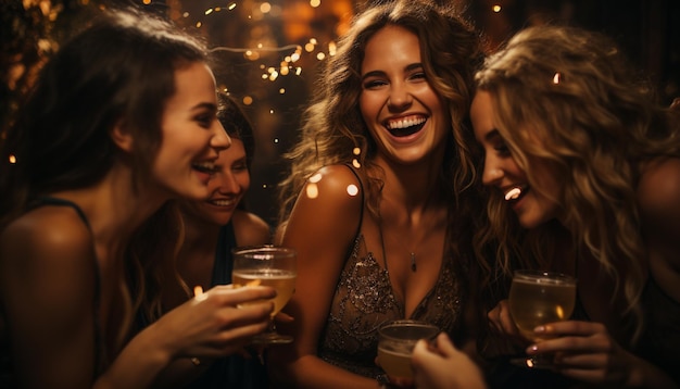 Jóvenes adultos disfrutando de una noche despreocupada celebrando con champán generado por inteligencia artificial