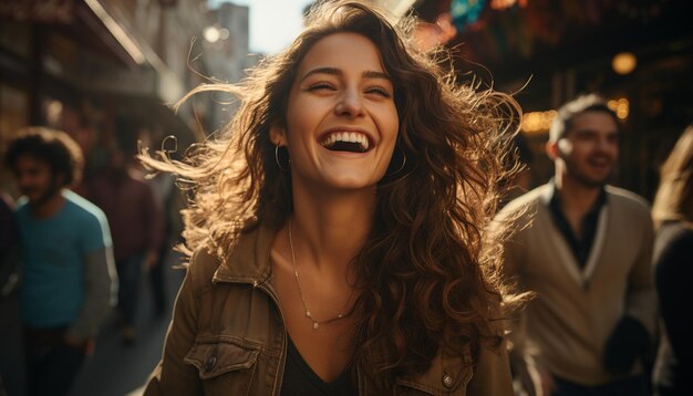 Jóvenes adultos disfrutando de una noche despreocupada sonriendo y riendo generados por inteligencia artificial