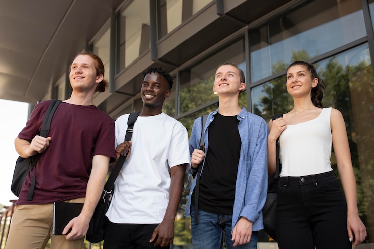 Foto gratuito jóvenes adultos reunidos para estudiar