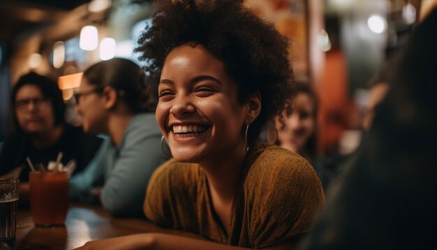 Jóvenes adultos sonrientes disfrutan de la vida nocturna en un bar generado por IA
