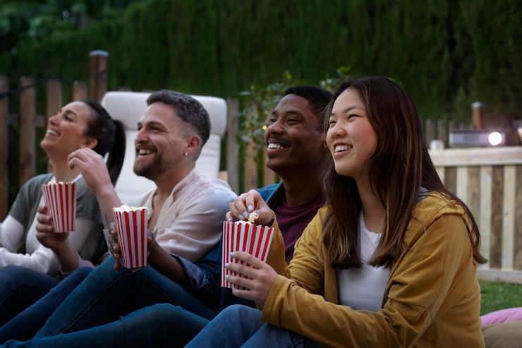 Foto gratuito jóvenes amigos divirtiéndose en el cine al aire libre