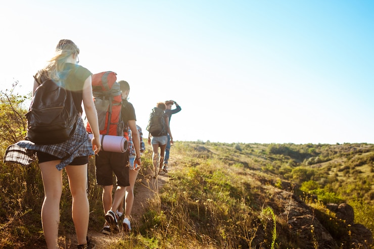 Foto gratuito jóvenes amigos hermosos viajeros con mochilas caminando en el cañón