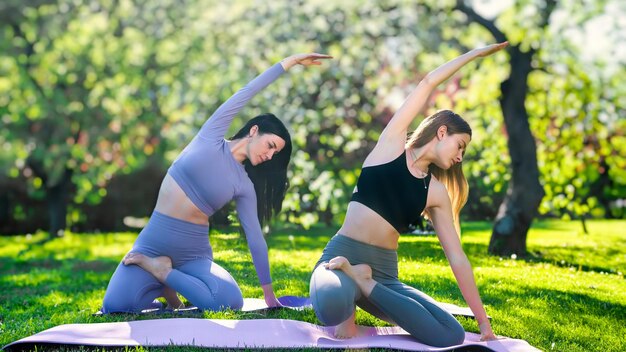 Jóvenes chicas atractivas practicando estiramiento lateral de yoga en el parque verde cerca de árboles florecientes