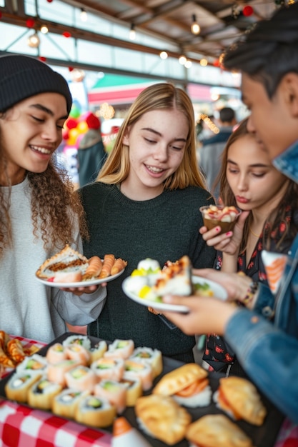 Foto gratuita jóvenes disfrutando de la comida callejera