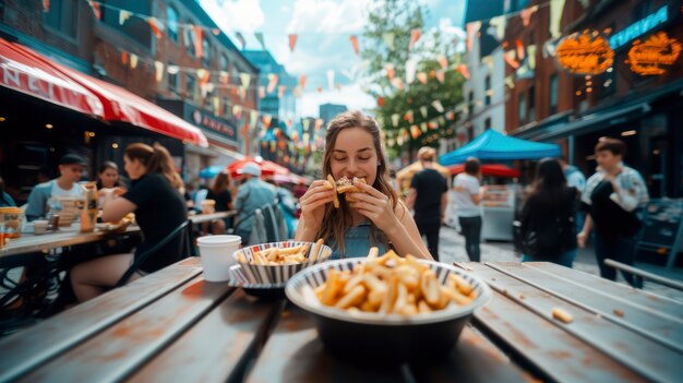 Jóvenes disfrutando de la comida callejera