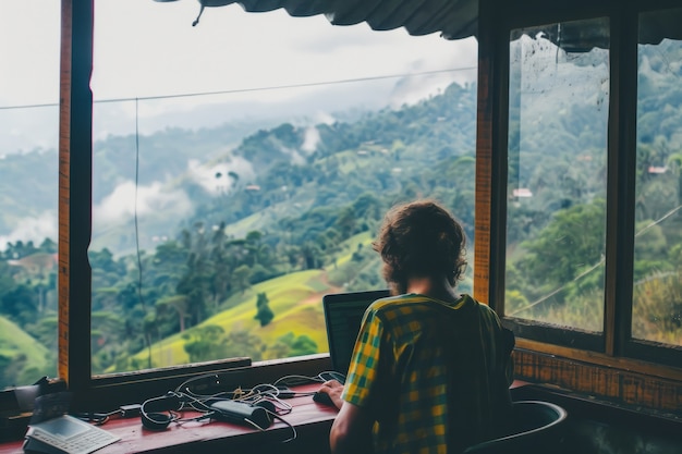 Foto gratuita jóvenes diversos siendo nómadas digitales y trabajando remotamente desde lugares de ensueño