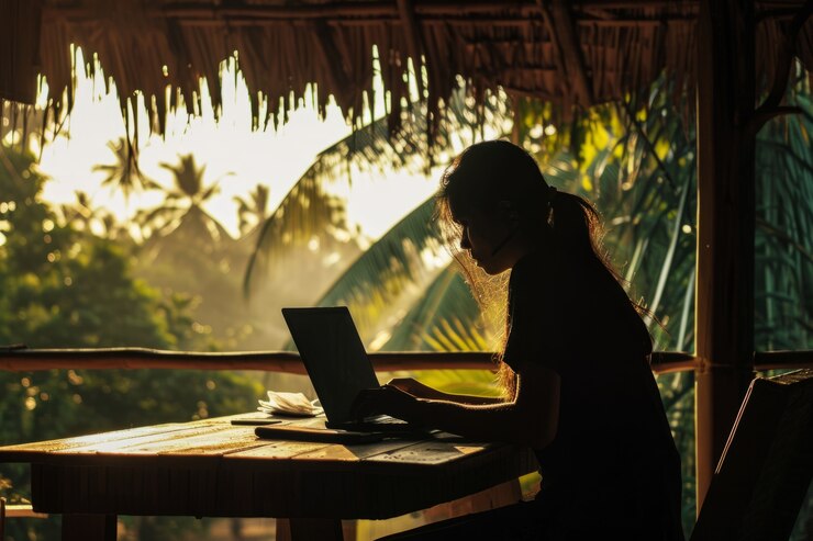 Foto gratuito jóvenes diversos siendo nómadas digitales y trabajando remotamente desde lugares de ensueño
