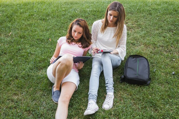 Jóvenes, estudiantes, césped