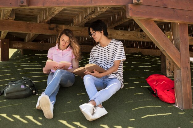 Jóvenes estudiantes diversos con la libreta en la hierba