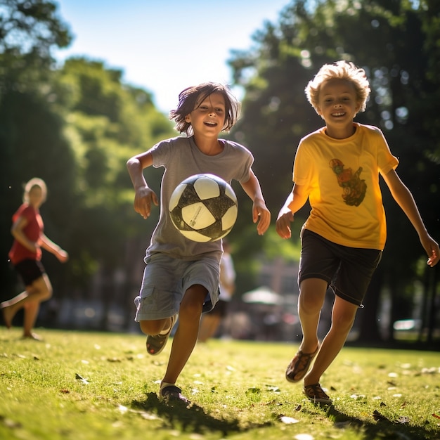 Foto gratuita jóvenes futbolistas durante el partido con pelota