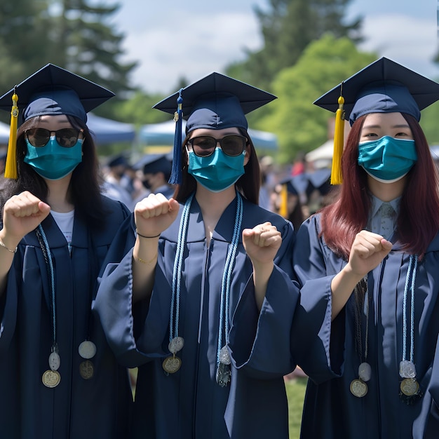 Foto gratuita jóvenes graduados con máscaras y vestidos en la celebración de la graduación
