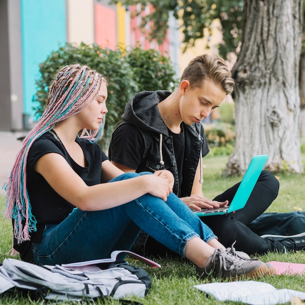 Jóvenes en el parque estudiando