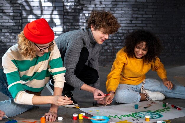 Jóvenes de tiro completo haciendo pancartas.