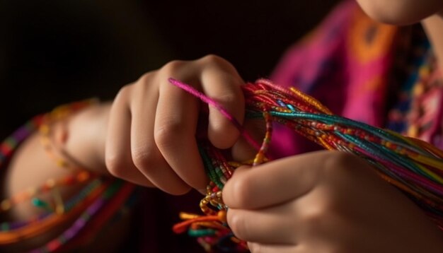 Joyas hechas a mano tejidas con hilo multicolor generado por IA