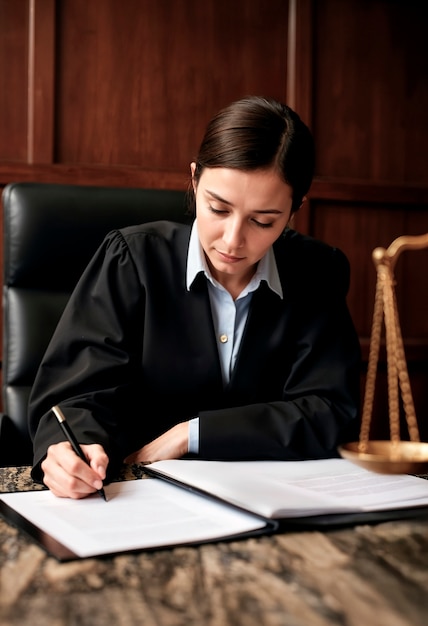 Judge writing at a desk in court