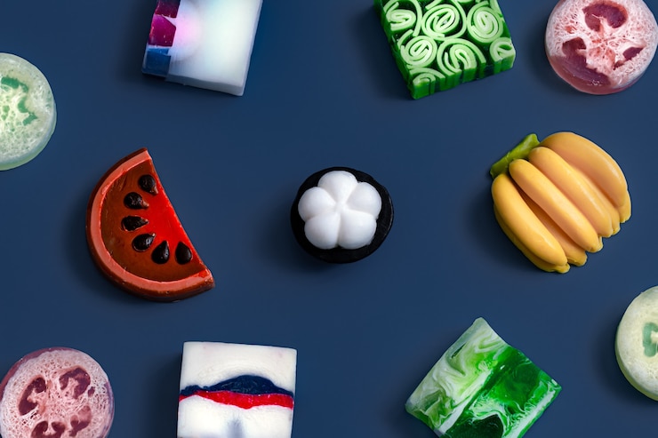 Foto gratuito juego de jabón hecho a mano brillante en formas de frutas