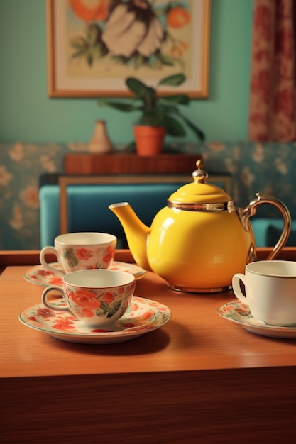 Juego de té retro en la mesa