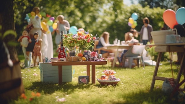 Juegos divertidos en la fiesta de cumpleaños en el fondo de la naturaleza