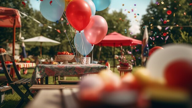 Juegos divertidos en la fiesta de cumpleaños en el fondo de la naturaleza