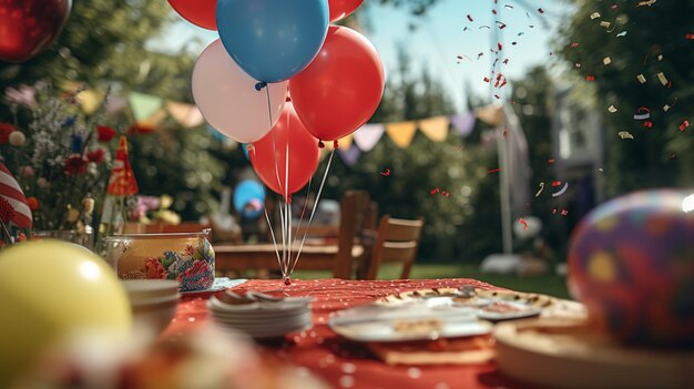 Juegos divertidos en la fiesta de cumpleaños en el fondo de la naturaleza